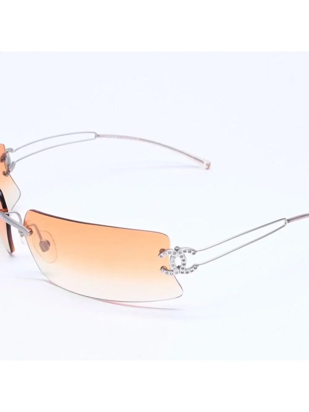 Chanel Rimless Sunglasses Orange Gradient Lens Rhinestone CC Logo Silver Eyewear